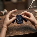 Manos tejiendo un suéter en miniatura azul con estrellas sobre una mesa de taller