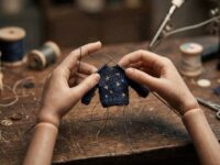 Manos tejiendo un suéter en miniatura azul con estrellas sobre una mesa de taller
