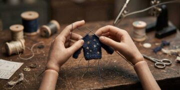 Manos tejiendo un suéter en miniatura azul con estrellas sobre una mesa de taller
