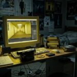 Escritorio con una computadora que muestra un pasillo amarillo en un programa 3D, cintas VHS y una videocámara