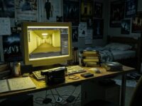 Escritorio con una computadora que muestra un pasillo amarillo en un programa 3D, cintas VHS y una videocámara