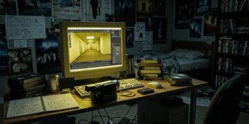 Escritorio con una computadora que muestra un pasillo amarillo en un programa 3D, cintas VHS y una videocámara