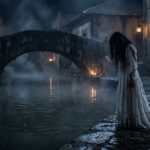 Mujer de vestido blanco y cabello largo junto a un canal de noche, frente a un puente de piedra