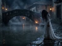 Mujer de vestido blanco y cabello largo junto a un canal de noche, frente a un puente de piedra
