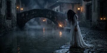 Mujer de vestido blanco y cabello largo junto a un canal de noche, frente a un puente de piedra