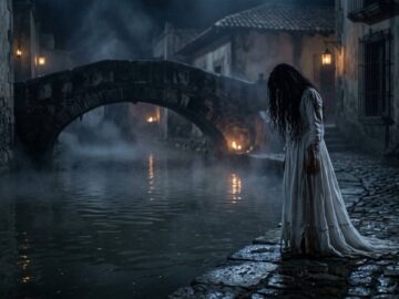 Mujer de vestido blanco y cabello largo junto a un canal de noche, frente a un puente de piedra