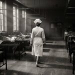 Enfermera de uniforme blanco caminando de espaldas por una sala de hospital antigua, en blanco y negro