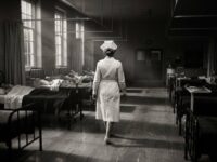 Enfermera de uniforme blanco caminando de espaldas por una sala de hospital antigua, en blanco y negro