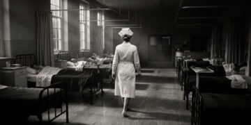 Enfermera de uniforme blanco caminando de espaldas por una sala de hospital antigua, en blanco y negro
