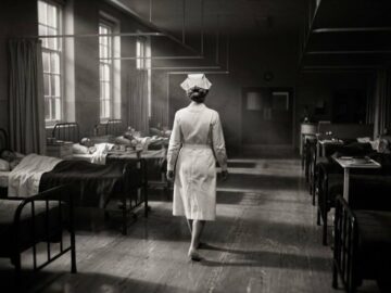 Enfermera de uniforme blanco caminando de espaldas por una sala de hospital antigua, en blanco y negro