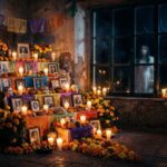 Ofrenda de Día de Muertos con velas, cempasúchil y fotografías, con una figura de mujer reflejada en la ventana