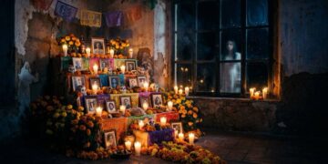 Ofrenda de Día de Muertos con velas, cempasúchil y fotografías, con una figura de mujer reflejada en la ventana
