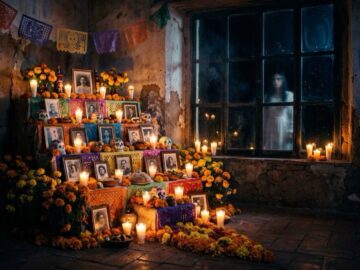 Ofrenda de Día de Muertos con velas, cempasúchil y fotografías, con una figura de mujer reflejada en la ventana
