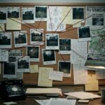 Tablero de investigación con cartas cifradas, fotos de casas y un teléfono de disco