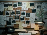 Tablero de investigación con cartas cifradas, fotos de casas y un teléfono de disco