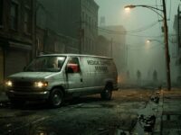Camioneta de mensajería médica en una calle abandonada con niebla y siluetas a lo lejos