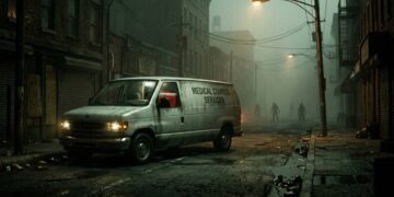 Camioneta de mensajería médica en una calle abandonada con niebla y siluetas a lo lejos